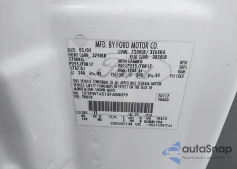 2005 Ford F-150 Fx4/Lariat/Xlt z USA, uszkodzony, nr VIN 1FTPW14515FA80079